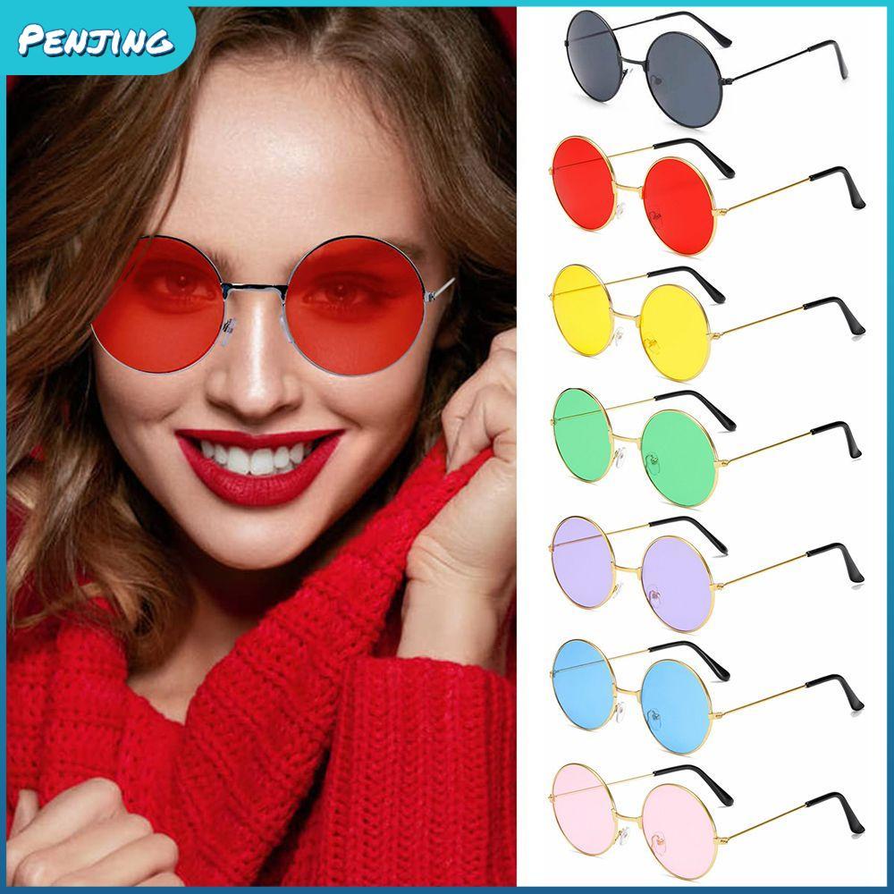 PENJIPH แว่นกันแดดโลหะ Retro Hippie Disco Circle Glasses