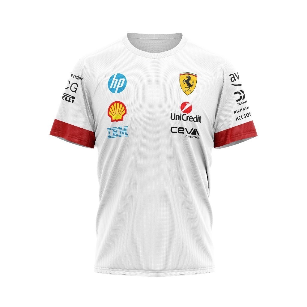F1 ใหม่ 2026 Ferrari Driver White Ver Mens Racing Shirt เสื้อยืดพิมพ์ลายเต็ม