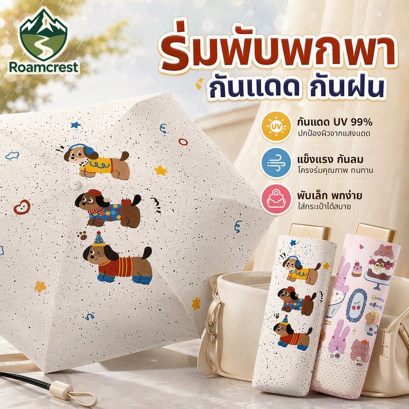 แบบพกพาพับร่มไวนิลเคลือบป้องกันรังสียูวีการ์ตูนพิมพ์ลมทนน้ําหนักเบา