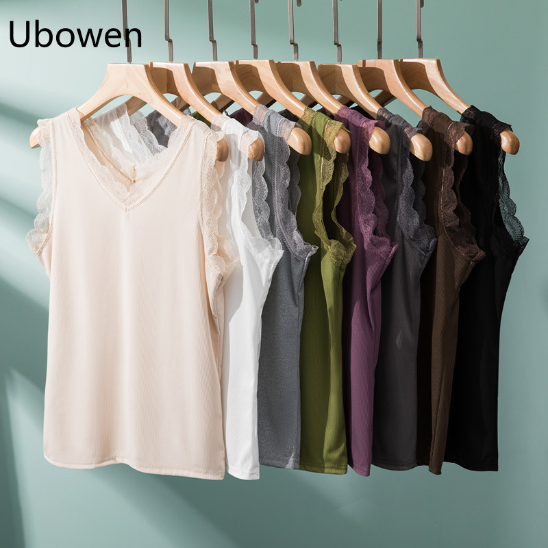 L-2XL สําหรับ 40-75 กก. Modal Ribbed เสื้อกล้ามสําหรับผู้หญิงฤดูร้อนลูกไม้นุ่ม Trim คู่ V คอชั้นในแข