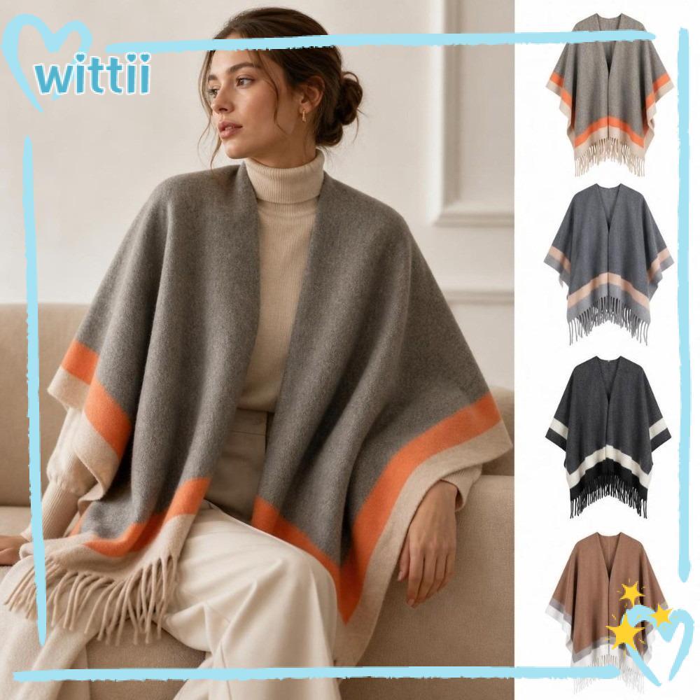 WITTII เปิดด้านหน้า Cape Shawl, Warm ขนาดใหญ่ลายขอบ Poncho, Elegant สบาย Fringed Edge Soft พู่ Ponch