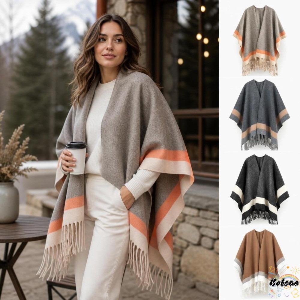 BOLSACF เปิดด้านหน้า Cape Shawl, สบายนุ่มลายขอบ Poncho, แฟชั่นขนาดใหญ่ Warm Fringed Edge พู่ Poncho 