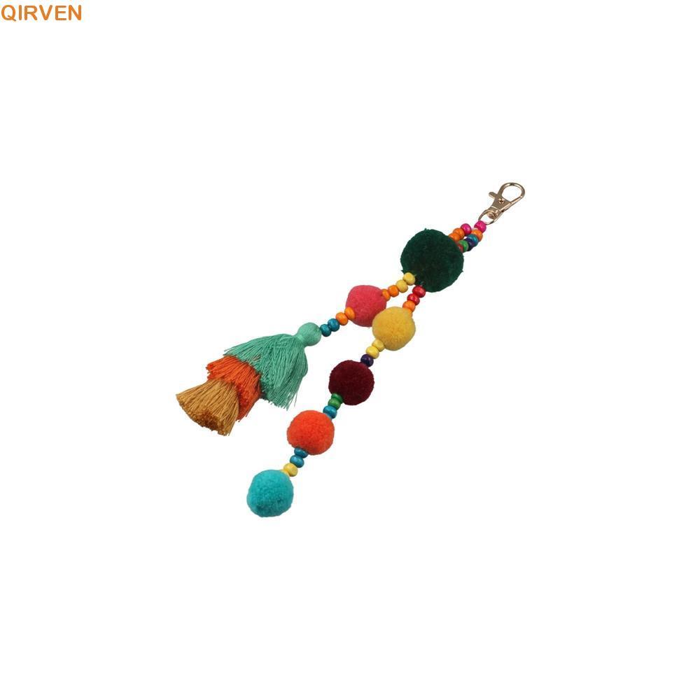 QIRVEN Boho สไตล์ผม Ball พู่พวงกุญแจ,สีสัน Boho สไตล์ Boho พวงกุญแจ,เครื่องประดับ Boho Gradient สีพู