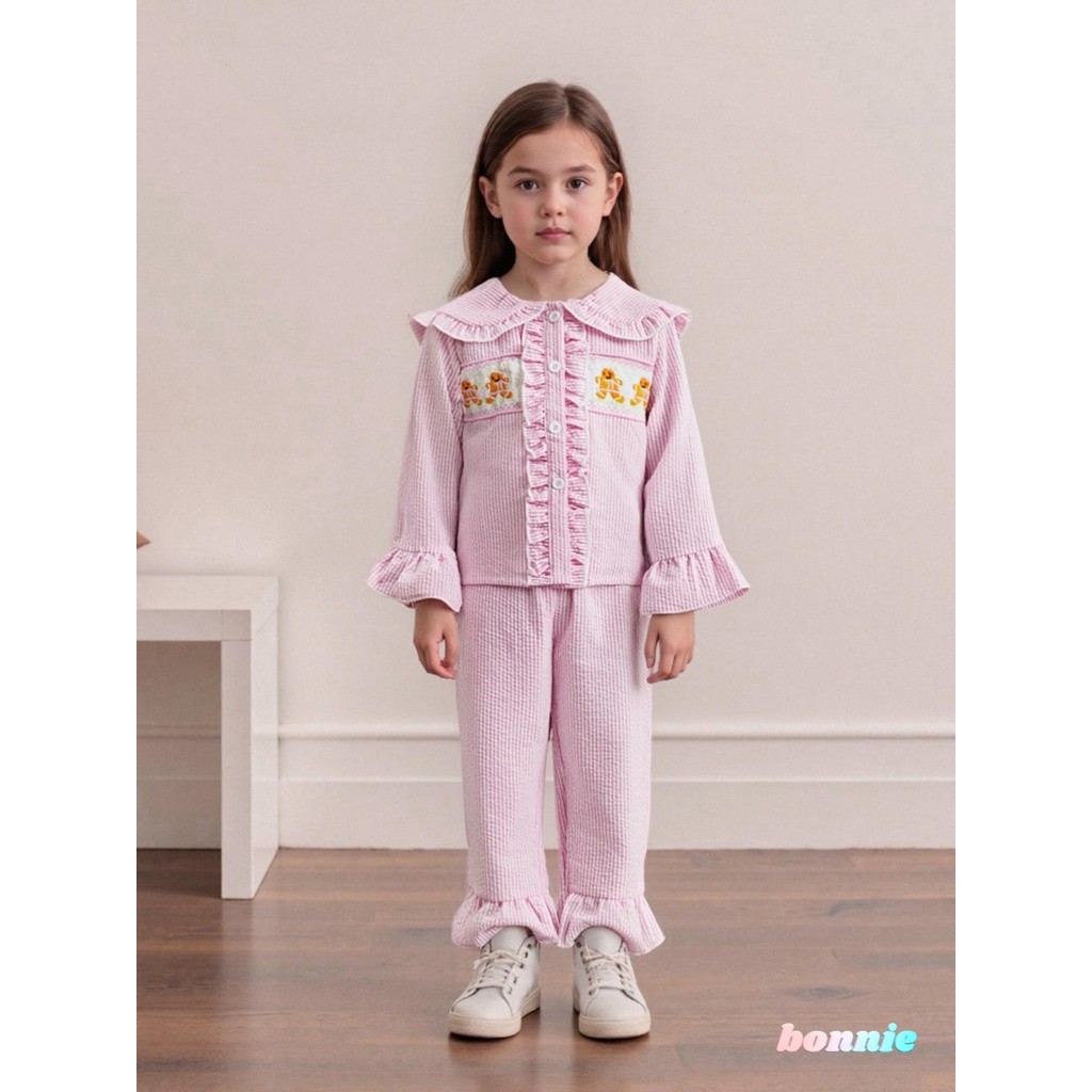 Bonnie3-Girls 2 ชิ้นชุดนอนคริสต์มาสแขนยาวคอตุ๊กตาลายเสื้อ + กางเกงชุดเด็กวัยหัดเดิน Loungewear
