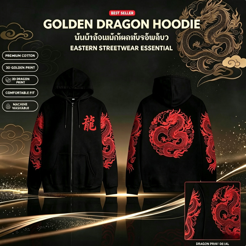 【สินค้าใหม่】 เสื้อคาร์ดิแกนมีฮู้ด ลายมังกรสีทองตัวอักษรจีน คุณภาพสูง นุ่มละมุน ทนทาน ประจำวัน Zipper Hoodie Cal