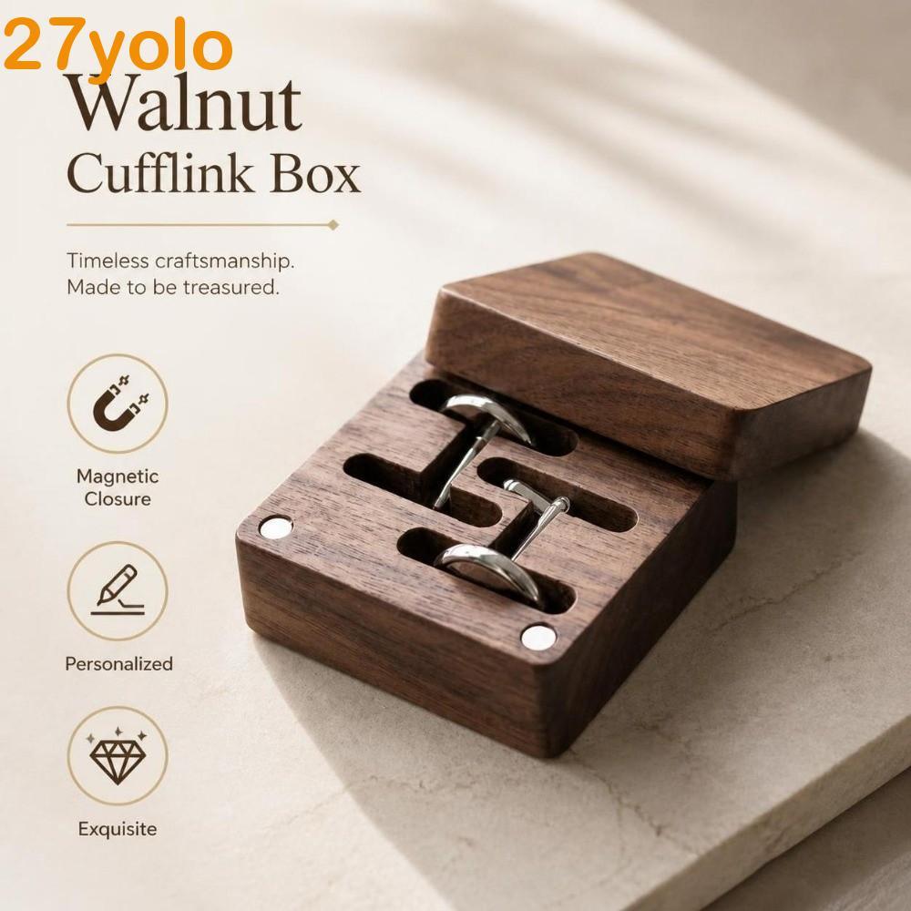 YOLO วอลนัท Cufflink กล่อง, Solid Flip-top Cufflink Organizer, ของขวัญสําหรับเขาแม่เหล็กปิดส่วนบุคคล
