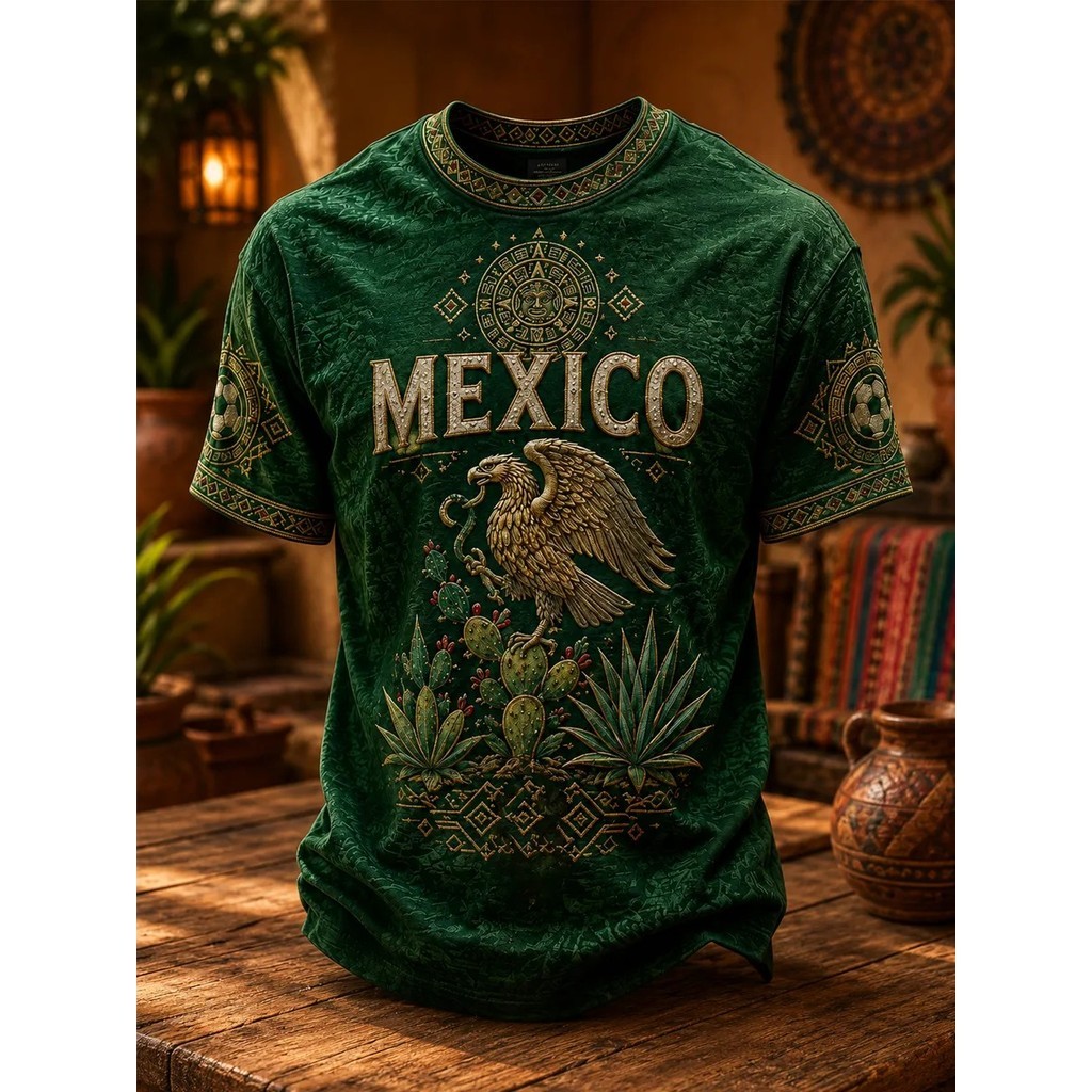 เม็กซิโกสีเขียวเข้มพิมพ์เสื้อยืด Aztec Sun ปฏิทิน Eagle Snake Cactus Agave ของขวัญของที่ระลึกพื้นบ้า