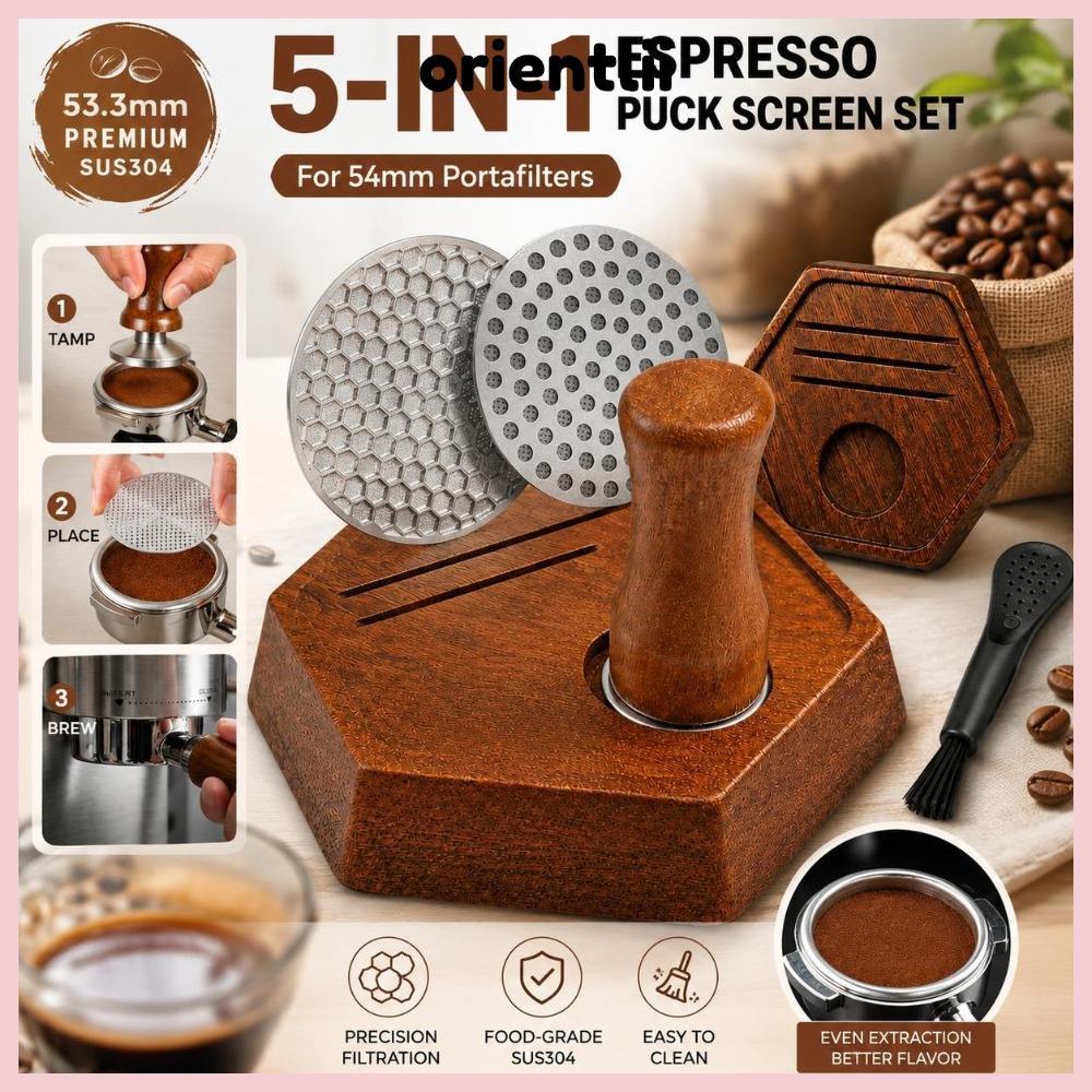 ORIENTLIIY Coffee Puck Screen Set, แปรงไนลอน Sapele Wood Stand Espresso Puck Screen Kit, Dual Puck S