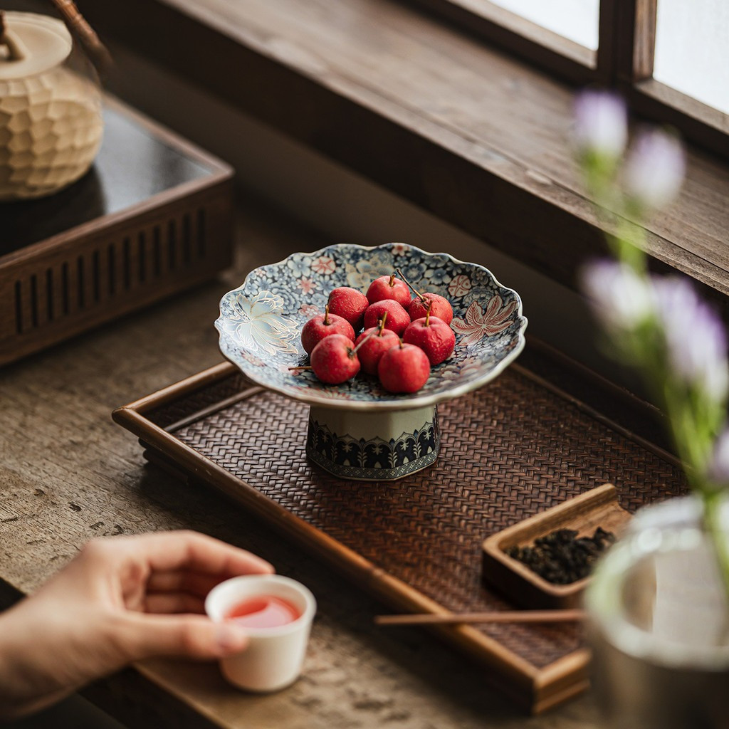 Chinese Ceramic Fruit Plate Ceramic High Feet Plate Exquisite Household Fruit Plate Coffee Table Ref