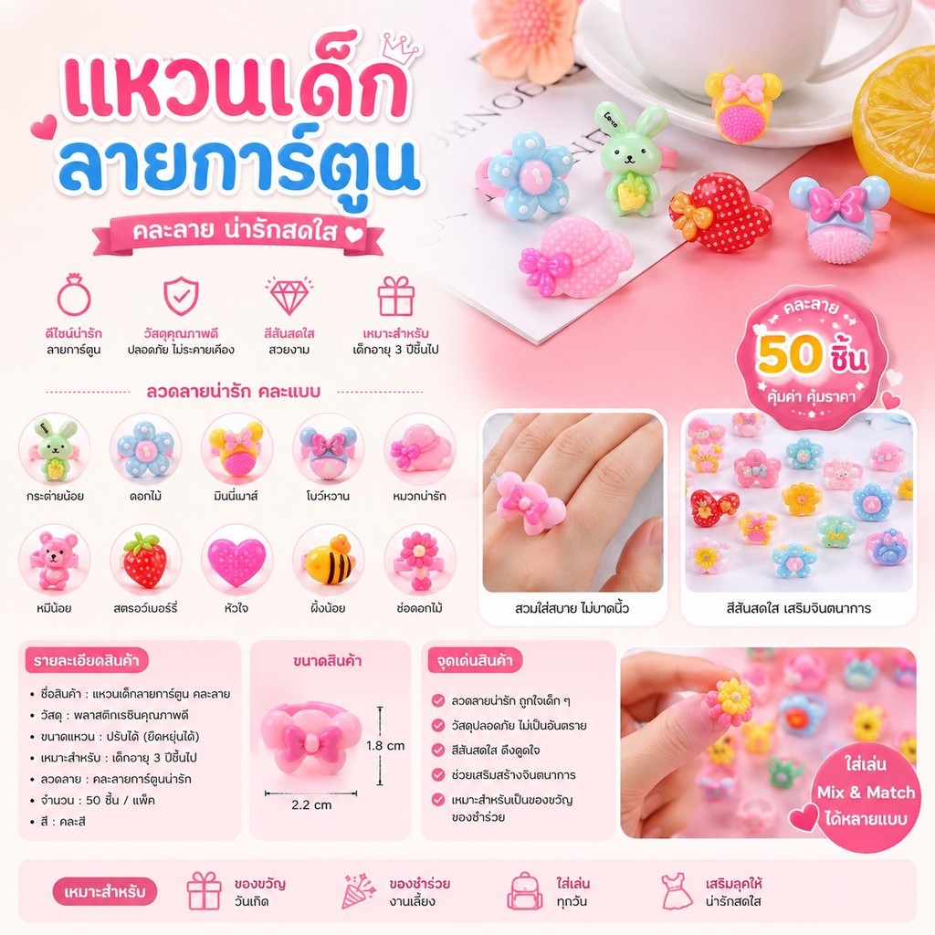 Kingmallshop SHET01(ร้านไทย) แหวนเด็กลายการ์ตูน น่ารัก (เครื่องประดับแฟชั่นสำหรับเด็ก)
