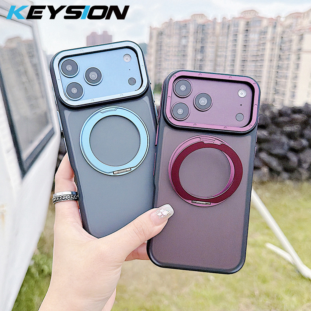 KEYSION เคสโทรศัพท์แม่เหล็กโปร่งแสงด้านสําหรับ iPhone 18 Pro Max 360° ขาตั้งแหวนหมุนฝาหลังกันกระแทก