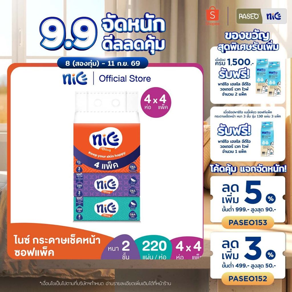 (4 แพ็ค 16 ห่อ) Nice ไนซ์ ซอฟท์แพ็ค กระดาษเช็ดหน้า 220 แผ่น แพ็ค 4 ห่อ (ทิชชู่ กระดาษทิชชู่) X 4