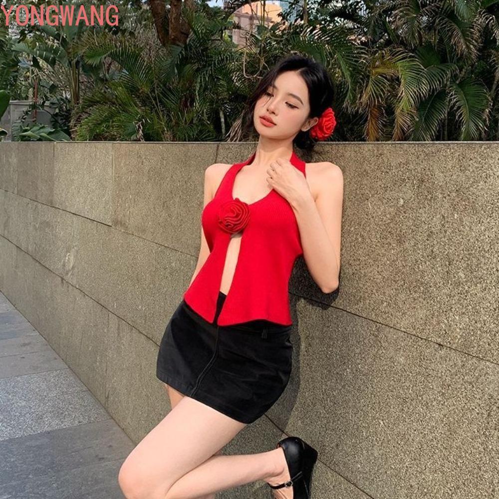 YONGWANG66ZX สายคล้องคอแขนกุด,ไม่สม่ําเสมอลึก V 3D ดอกไม้แขวนเสื้อ,เสื้อกั๊กเผ็ด Y2k แยกคอ Halter Ca