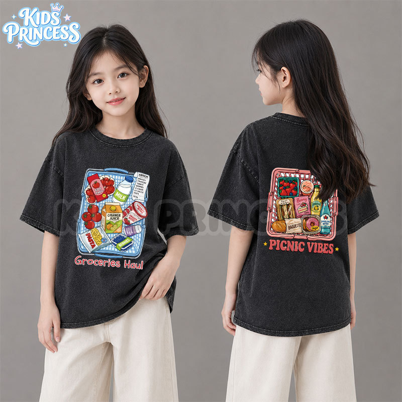 COD (จัดส่งตลอด 24 ชั่วโมง) เสื้อยืดเด็กแบบฟอก ลายการ์ตูน สไตล์วินเทจ เสื้อแขนสั้น ทรงหลวม สำหรับเด็กผู้หญิง S16
