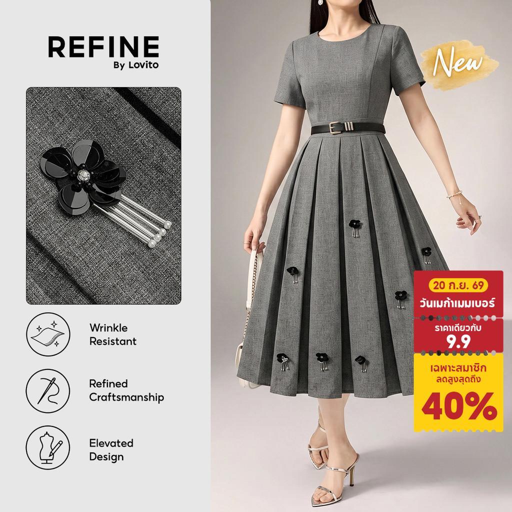 (New Arrival) (Refine by Lovito) เดรสสีเทาสำหรับผู้หญิง แบบทำงาน ทรงเอ ยาว มีจีบ หัวเข็มขัดประดับเพชรวิบวับ สง่างาม กันยับ DRR43P1D053