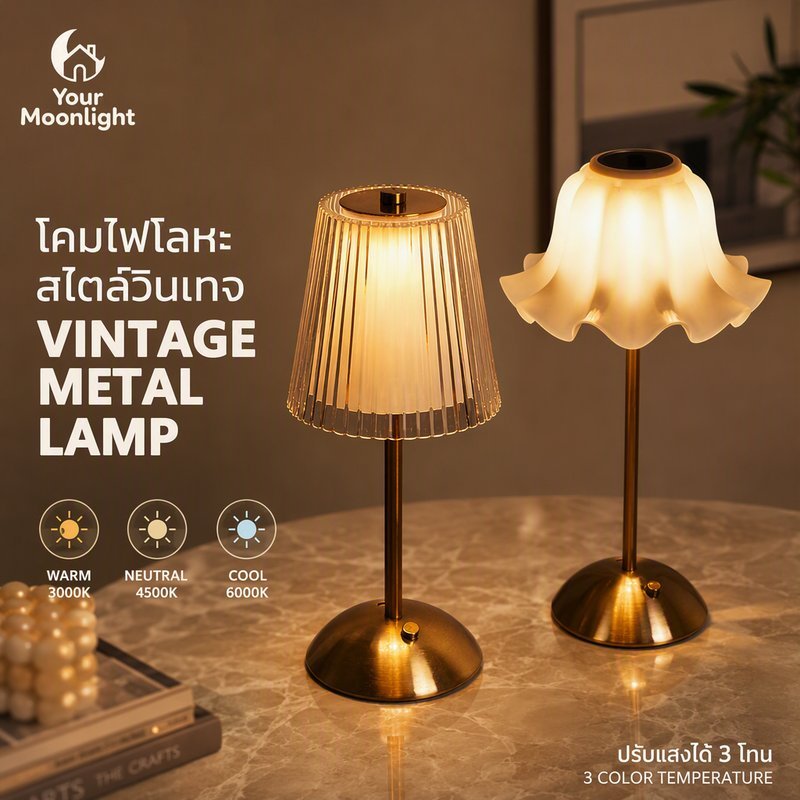 โคมไฟตั้งโต๊ะคริสตัล LED ปรับแสง 3 สี ชาร์จ Type-C สไตล์วินเทจอเมริกัน สำหรับตกแต่งห้องนอน พร้อมส่ง
