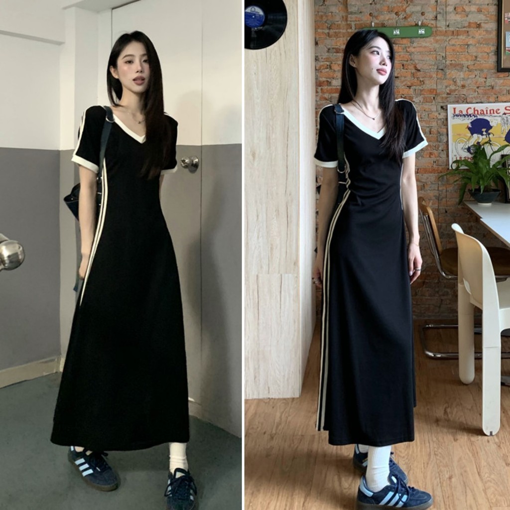 Hotgirl พร้อมส่ง ชุดเดรสผู้หญิง เดรสยาวแฟชั่น ผ้ายืดรูปทรงสวย ทรงเอ ชุดแขนสั้นคอวีผู้หญิง สีดําทรงสลิมพอดี ไตล์เกาหลี
