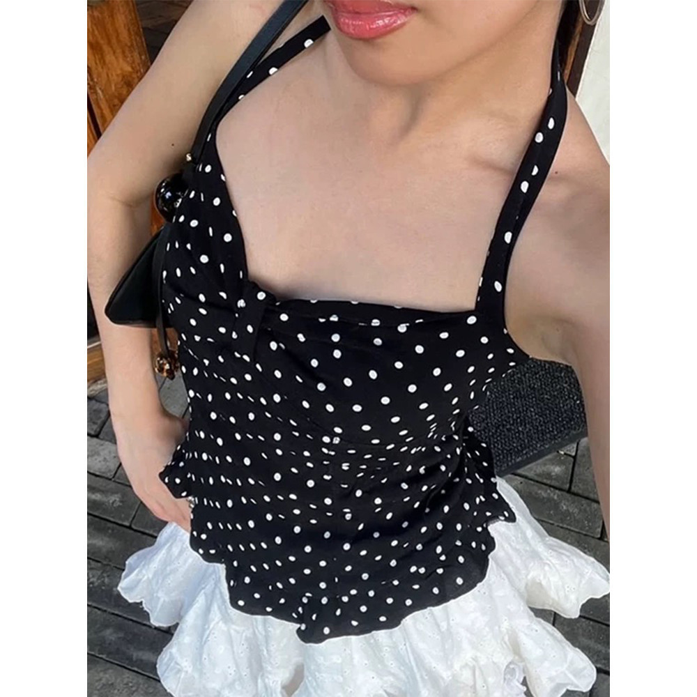 🌻Qingsun  เข้ารูป แขนกุด เสื้อคล้องคอ ลายจุดสีขาวดำใส่สบาย น่ารักมาก เสริมฟองน้ำในตัว 