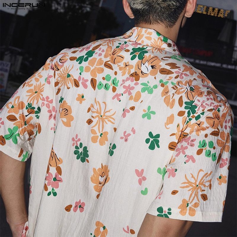 INCERUN ผู้ชายเกาหลีฮาวายสไตล์วันหยุดปกแขนสั้นพิมพ์ลายดอกไม้เสื้อเชิ้ตทรงหลวม ราคา ถูกที่สุด ดีลบีเคเค แกลเลอรีภาพที่ 6