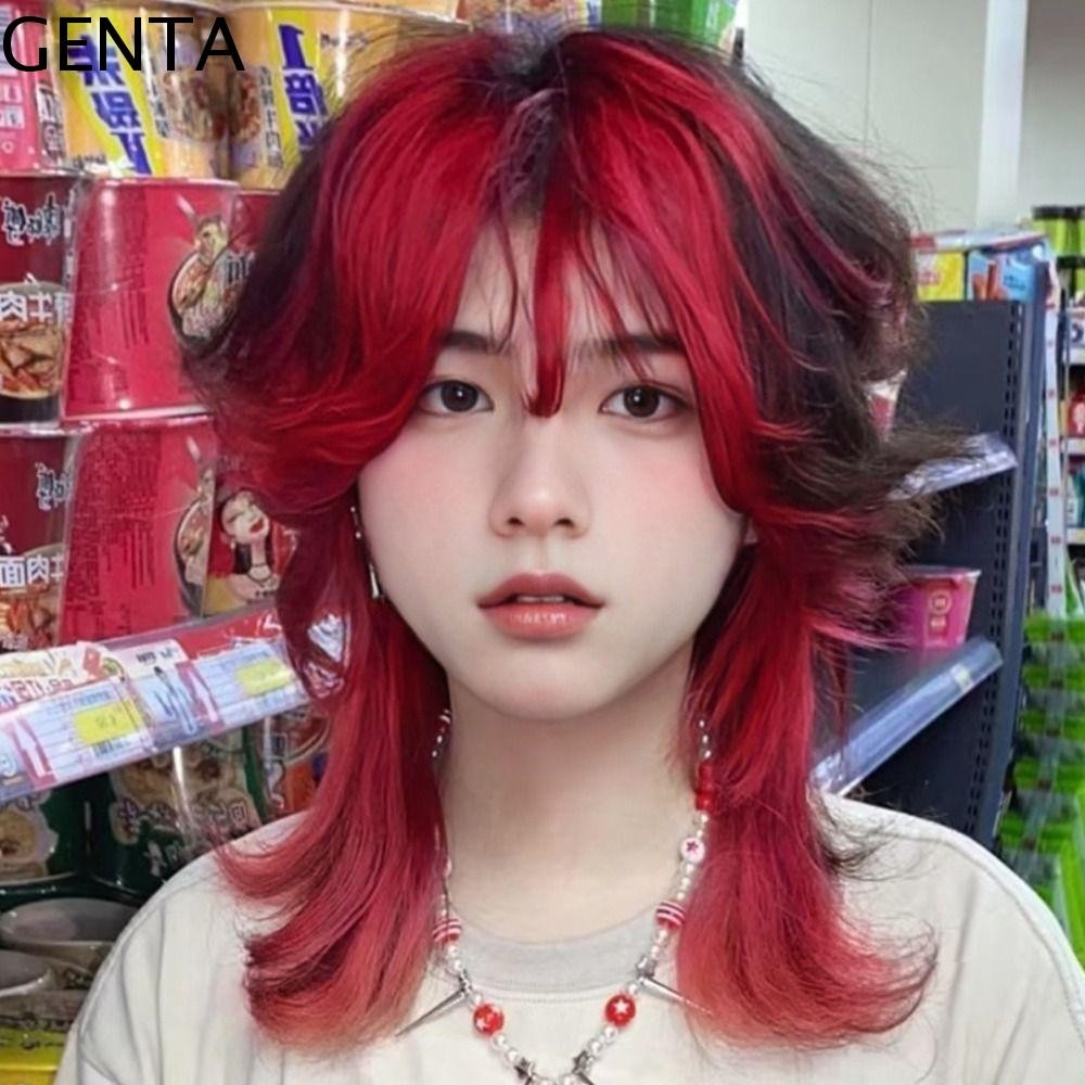 Genta Mullet Wig สังเคราะห์ ทรงWolf Tail สำหรับCosplayและงานปาร์ตี้ พร้อมHighlightsสีแดงทนความร้อน