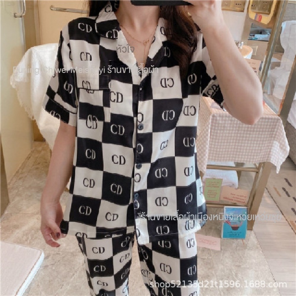 ผ้าไหมเทียมเสื้อสเวตเตอร์ถักชุดนอนสตรีแขนสั้นกางเกงผ้าไหมน้ําแข็งสวมใส่ชุดสั้นยาวเสื้อสเวตเตอร์ถัก 2