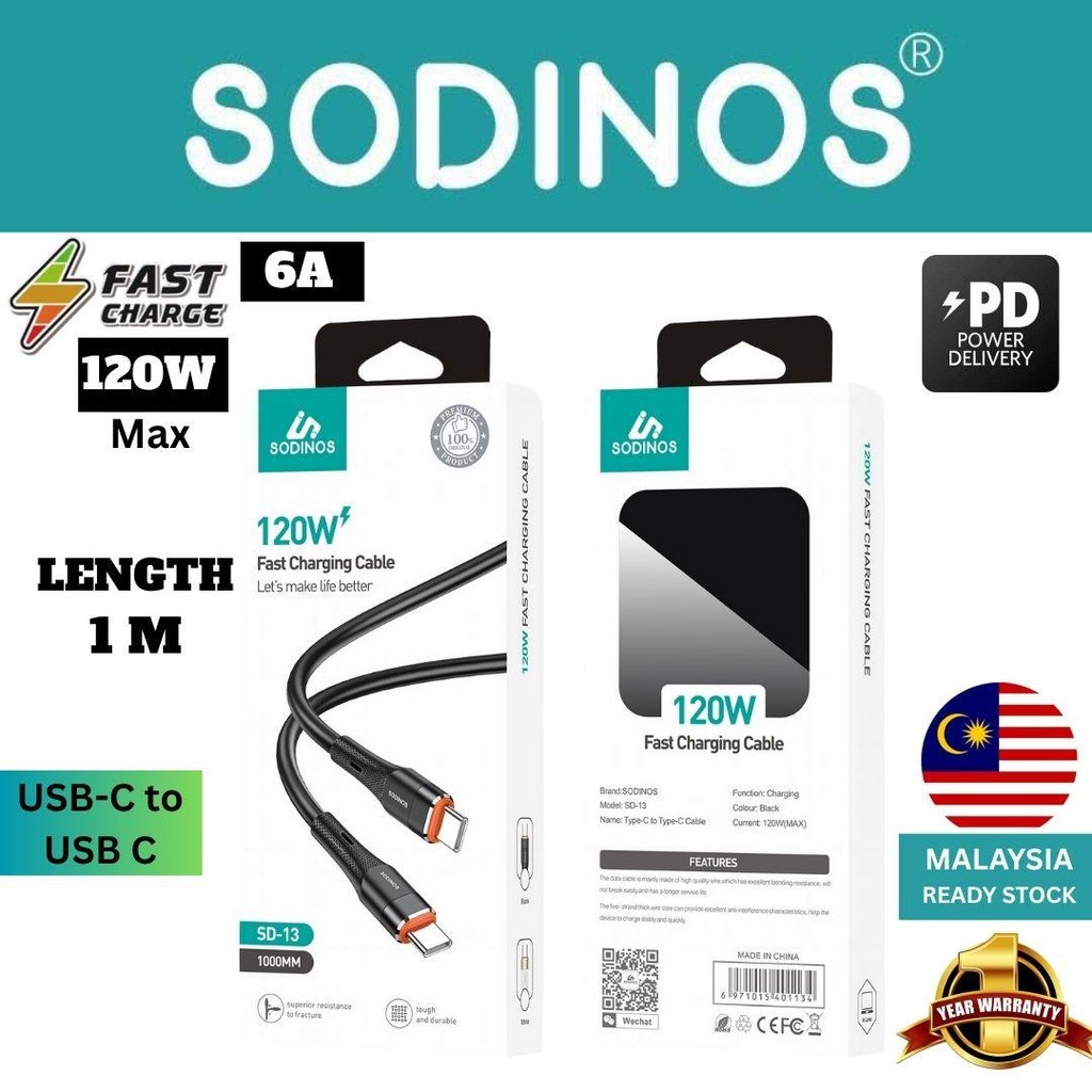 SODINOS 120W TYPE C to TYPE C 6A SUPER FAST CHARGING DATA CABLE (1 เมตร) PD 3.0 TRANSMISSION SPEED 4