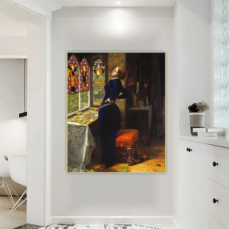 John Everett Millais "Mariana" ภาพวาดสีน้ํามันบนผ้าใบงานศิลปะโปสเตอร์ภาพแขวนผนังตกแต่งบ้านห้องนั่งเล