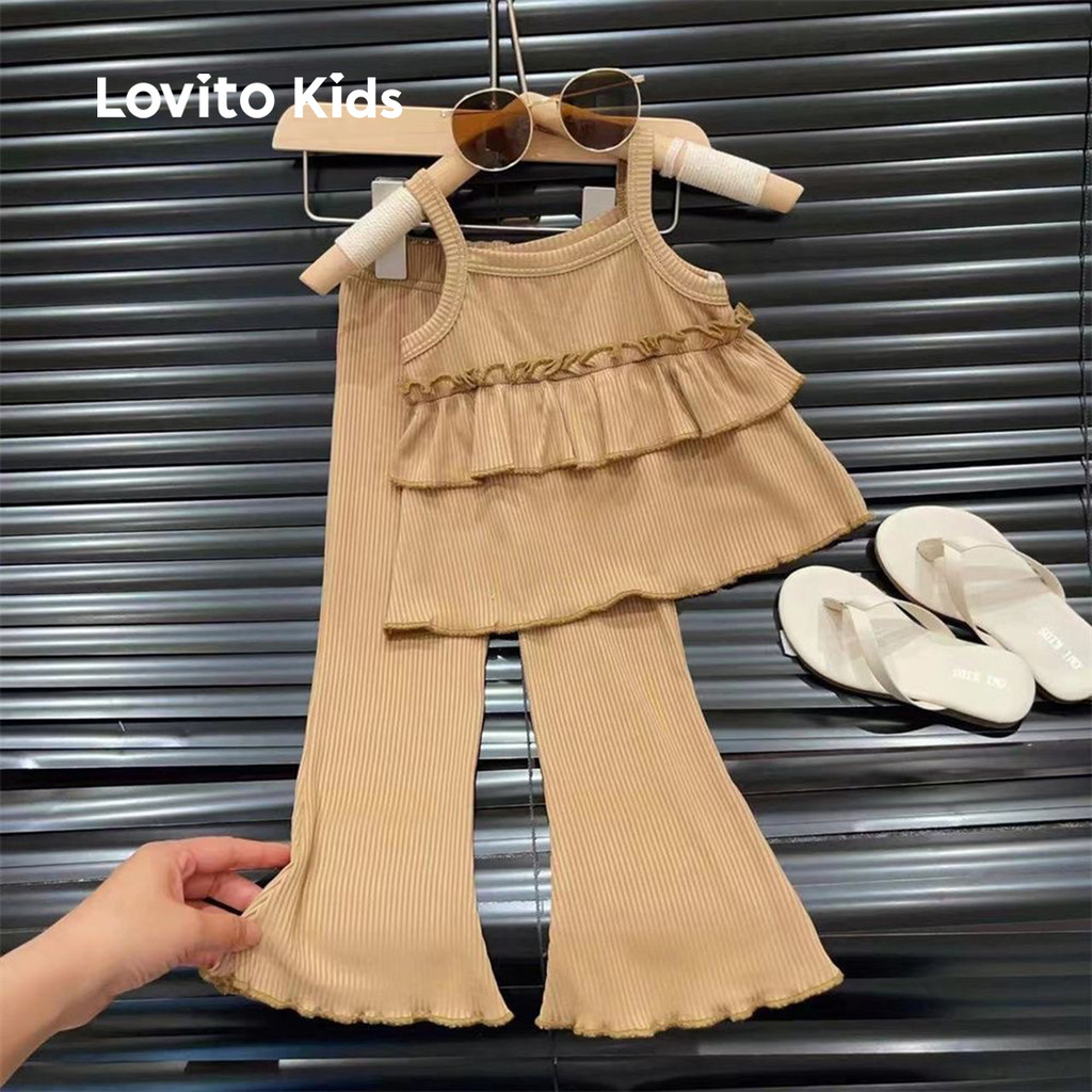 Lovito Kids ชุดเซตกางเกงลําลอง แต่งระบายชั้นลาย สําหรับฤดูร้อน สีกากี LNL119248