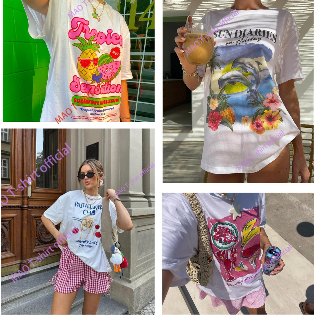 COD✅ (จัดส่งในกรุงเทพฯ)  แฟชั่นสไตล์เกาหลี น้ำส้ม ปลาตัวเล็ก T-Shirt โอเวอร์ไซส์ สกรีนลายสวยงาม พร้อมส่ง พิมพ์ คอกลม-A10
