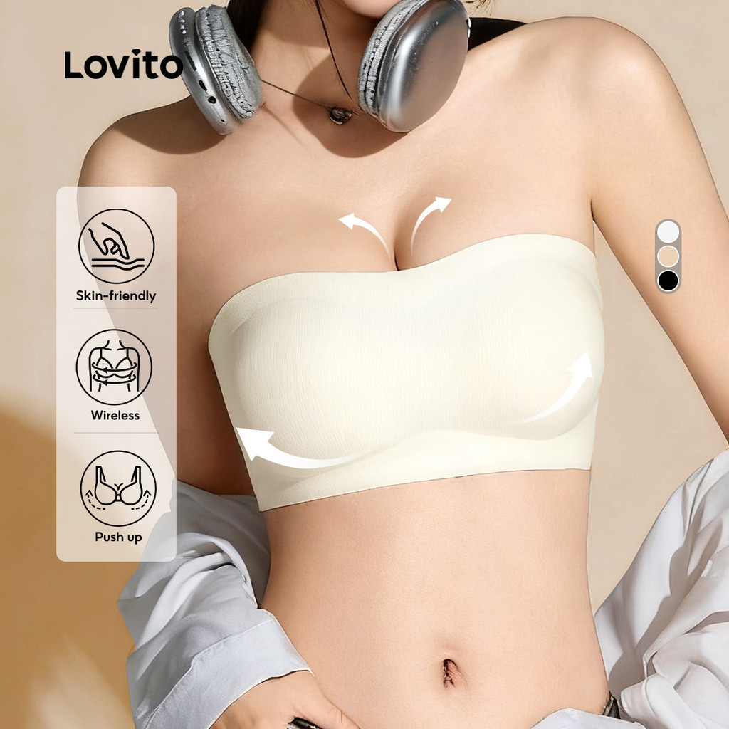Lovito เสื้อชั้นในแบบไร้ตะเข็บป้องกันการหย่อนคล้อย ไร้รอยตะเข็บ สวมใส่ง่าย สีเบจ สำหรับผู้หญิง LNE117143