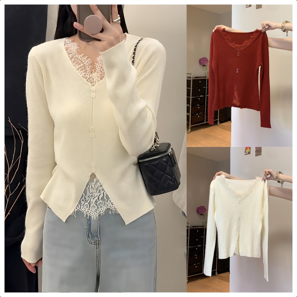 Chili Koko เสื้อสเวตเตอร์คอวีแขนยาวแต่งลูกไม้ช่วงฤดูใบไม้ร่วงใหม่สำหรับผู้หญิง สไตล์ฝรั่งเศส เสื้อถักเซ็กซี่ J064