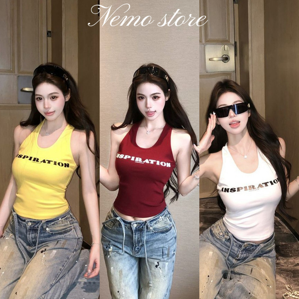Nemo store🌸#FY3567 เสื้อกล้าม สีสดใส เสริมฟองน้ำ ดีเทลสกีนตัวอักษร