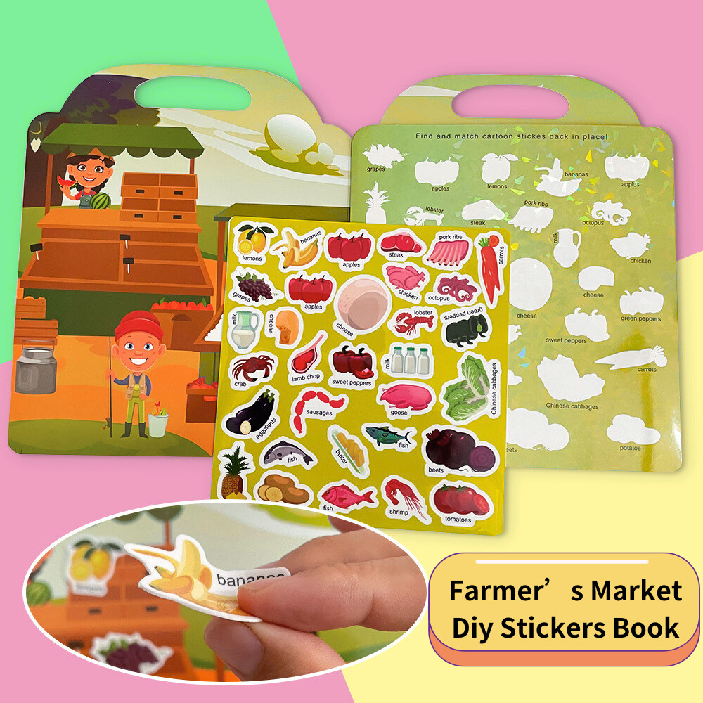 Farmers Market Theme สติกเกอร์หนังสือสําหรับเด็กเด็กก่อนวัยเรียน Early Education ปริศนาภาษาอังกฤษสติกเกอร์ DIY แบบใช้ซ้ําได้ของเล่นการเรียนรู้