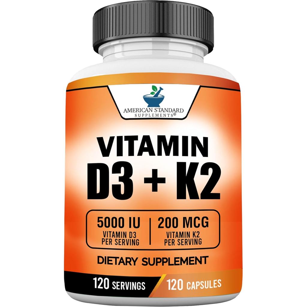 American Standard peoplements Vitamin D3 5000 IU (125mcg) Plus Vitamin K2 (MK7) 200mcg Per Capsule -