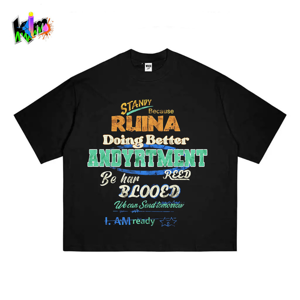 เสื้อยืดแขนสั้นสีดําสไตล์สตรีทแวร์คลาสสิกพิมพ์ลายสโลแกนหลากสี "RUINA ANDYRTMENT"
