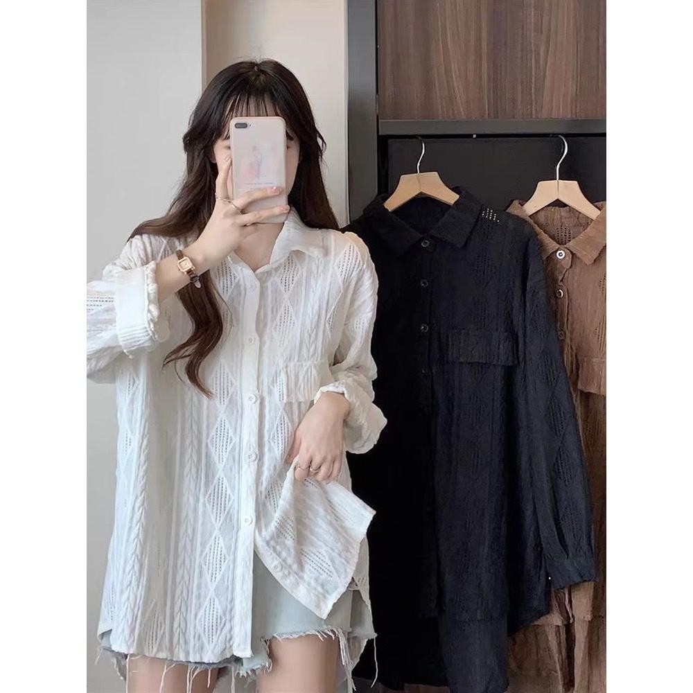 Cuties เสื้อเชิ้ตผ้าลูกไม้คอปกแขนยาวผู้หญิงสีทึบ oversize ดีเทลกระดุมหน้า มีกระเป๋า1ข้าง W545