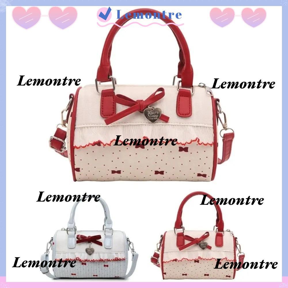 LEMONTRE Lolita Crossbody Bag, PU Leather Ruffle Design PU Leather Handbag, Kawaii Pillow Shape Dot Pattern Sweet Bow Single Shoulder Tote for Women
