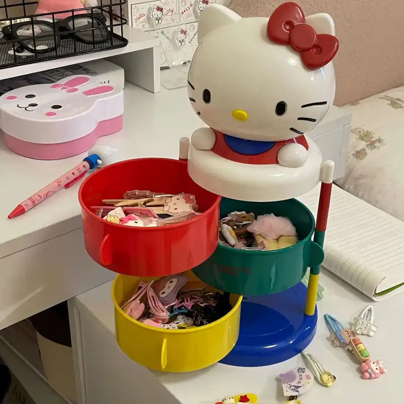 HelloKitty กล่องเก็บของฟรีตารางของขวัญสามชั้น KT ชั้นเก็บของยุคกลางสไตล์หมุน