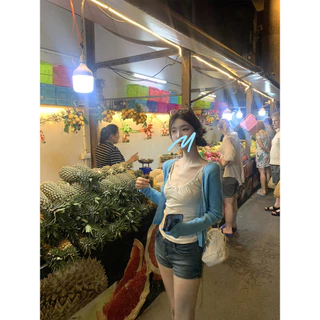 Moses Queen/Queen of Mercy คาร์ดิแกนถักสีน้ำเงินสไตล์เกาหลีแบบผ่าลาย เสื้อคลุมบางแบบชั้นนอก