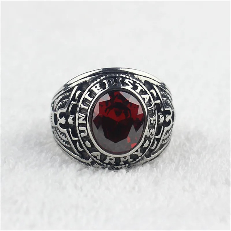 Red CZ Crystal Men's Stainless Steel United States Military Army Ring