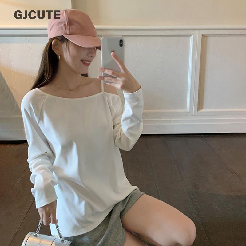 GJCUTE 2025 ฤดูใบไม้ร่วงใหม่หวานปกเฉียงปิดไหล่แขนยาวเสื้อยืดผู้หญิงหลวมออกแบบด้านบน WTD