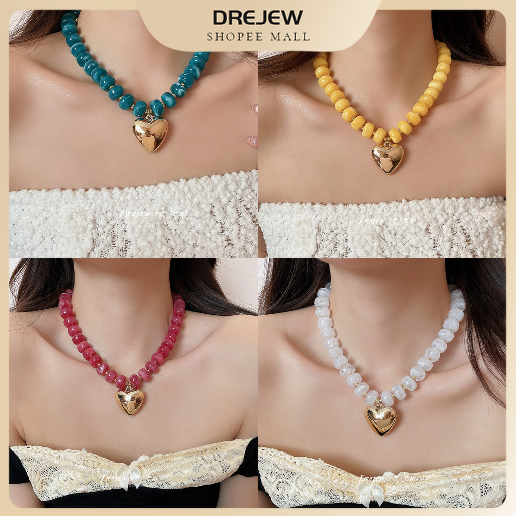 Dreejew สร้อยคอจี้หัวใจ ลูกปัดเรซิ่น Multicolor ทรงถัง Barrel Eye-cat ขัดทองสี เครื่องประดับอเนกประสงค์ใช้ประจำวัน