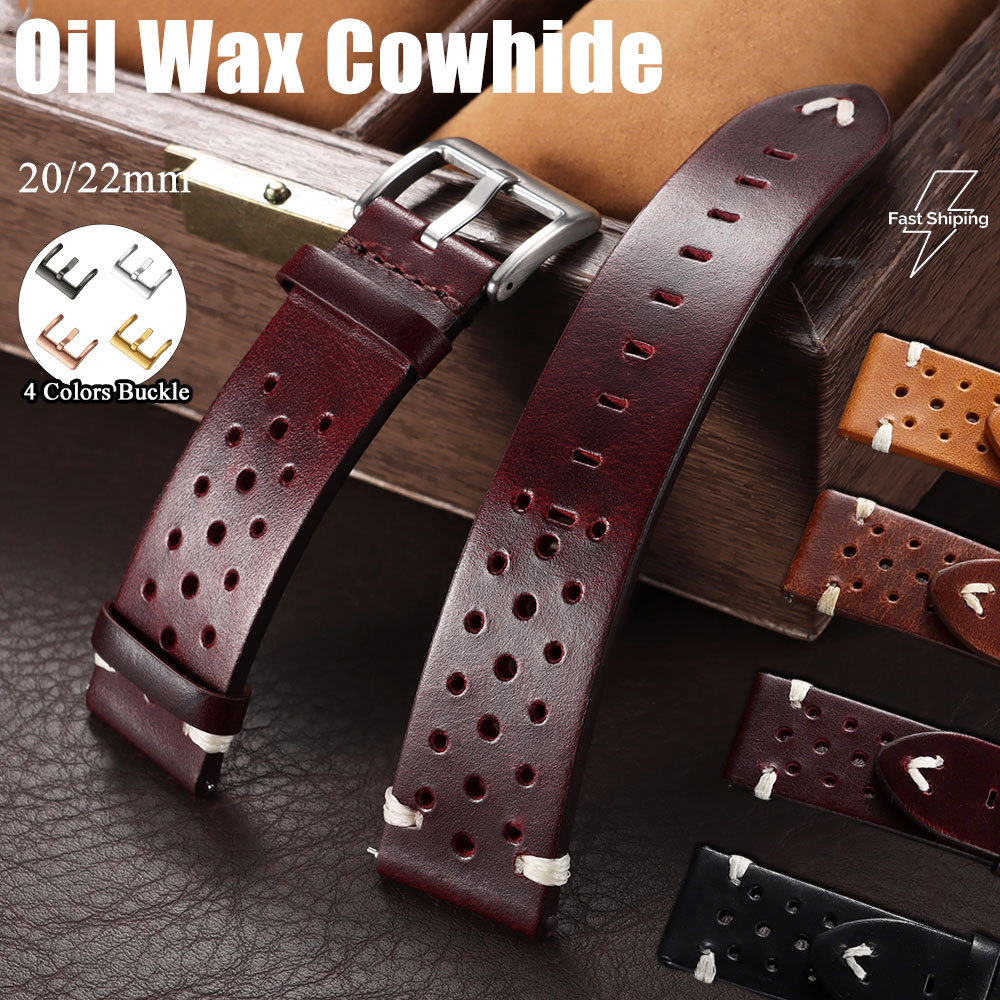 มือเย็บ Perforated Oil Wax Cowhide สายนาฬิกาอัจฉริยะ 20 มม. 22 มม. Quick Release Vintage Rally สไตล์กันน้ํา Breathable สายนาฬิกา