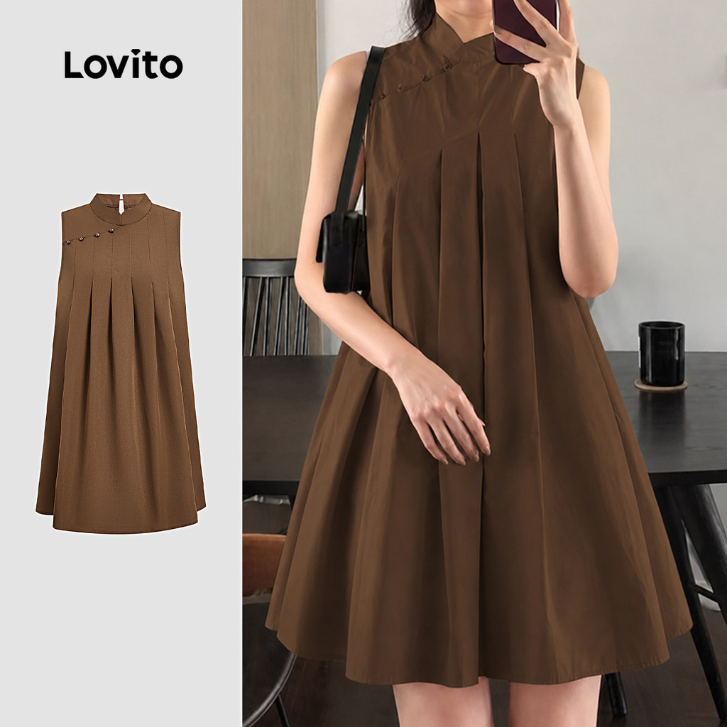 Lovito เดรสลําลอง สไตล์จีนใหม่ ชุดเซียงซาน ฉิปาว จีบระบาย ติดกระดุม เดรสแฟชั่นสีน้ําตาลสําหรับผู้หญิง เดรสสีน้ําตาลสําหรับฤดูใบไม้ผลิ/ฤดูร้อนสําหรับผู้หญิง L171AD119