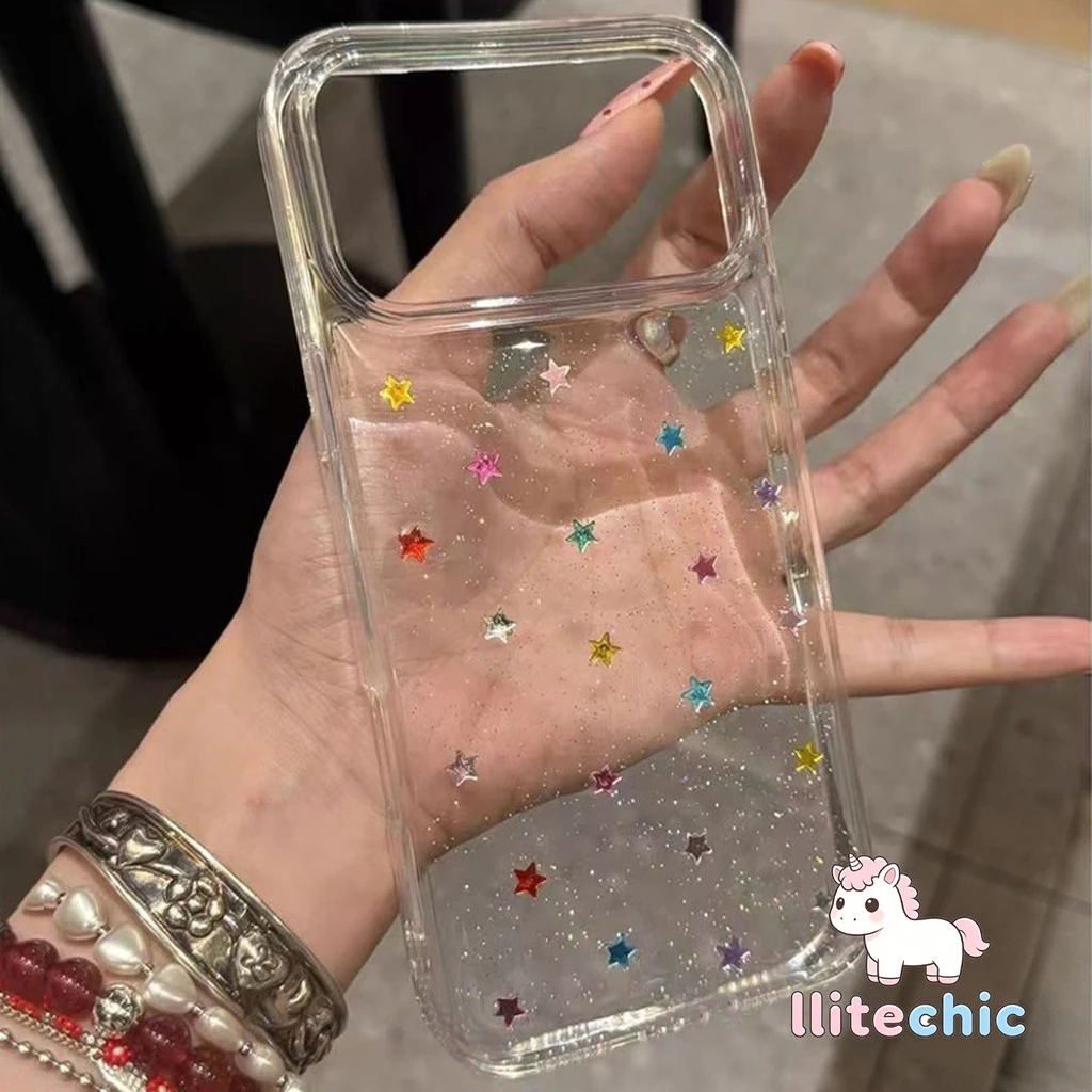 น่ารักครีมหมี17 สำหรับ IPhone XR 17 16 Air 15 12 13 11 14 Pro Max X XS 7 8 Plus เคสใส แป้งกลิตเตอร์ดาวหลากสีสุดอินเทรนด์