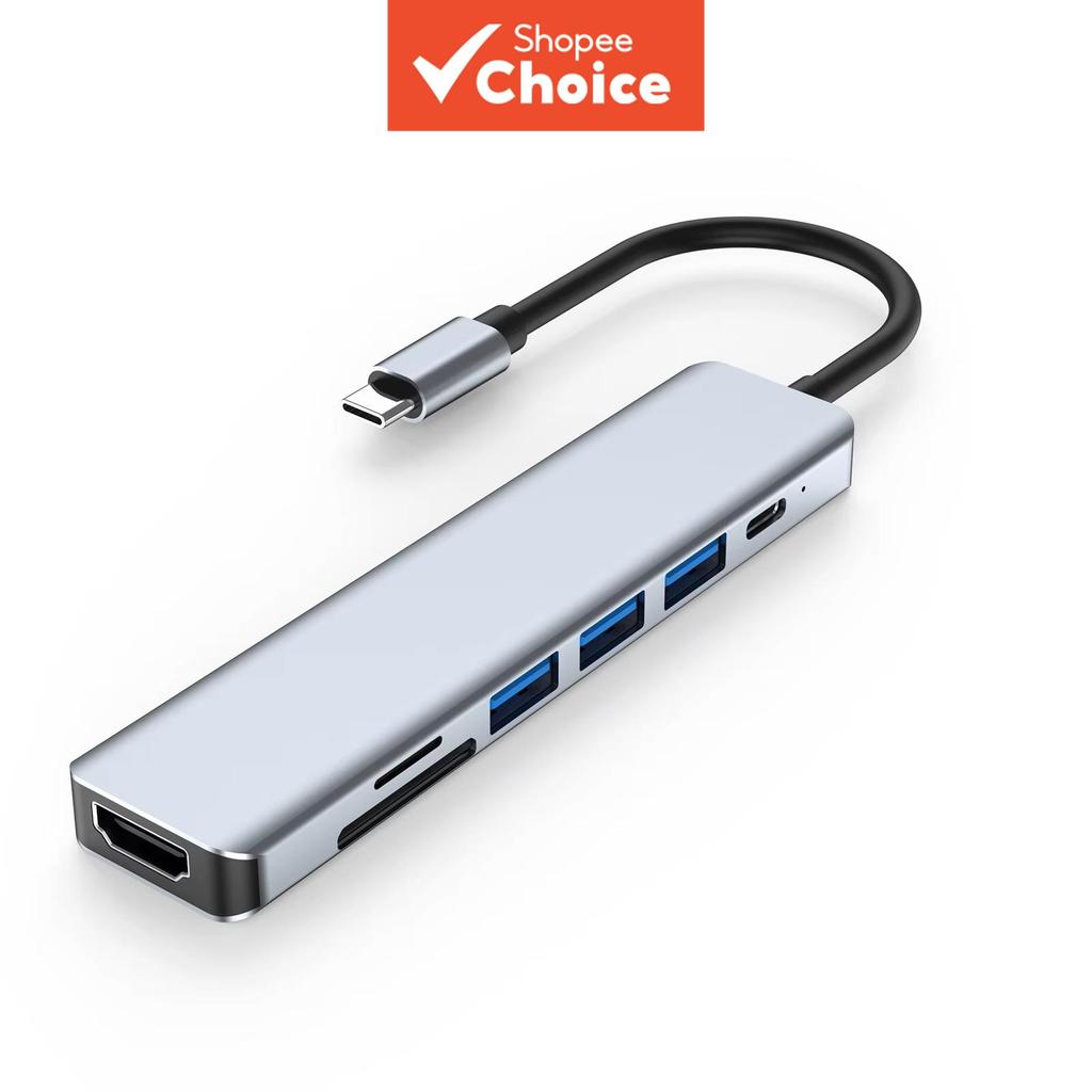 ฮับ USB-C 7-in-1 อะแดปเตอร์ HDMI USB 3.0/2.0 พร้อมอ่านการ์ด SD/TF สําหรับคอมพิวเตอร์ แท็บเล็ต และโทรศัพท์