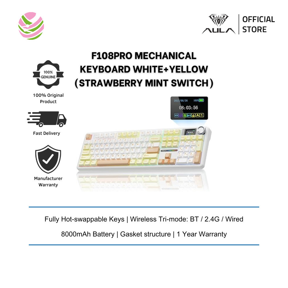 Aula F108PRO คีย์บอร์ดแบบกลไก สีขาว+เหลือง (สวิตช์มิ้นต์สตรอเบอร์รี่) - F108PRO-YLW+WHT+CF-STWBRMINT