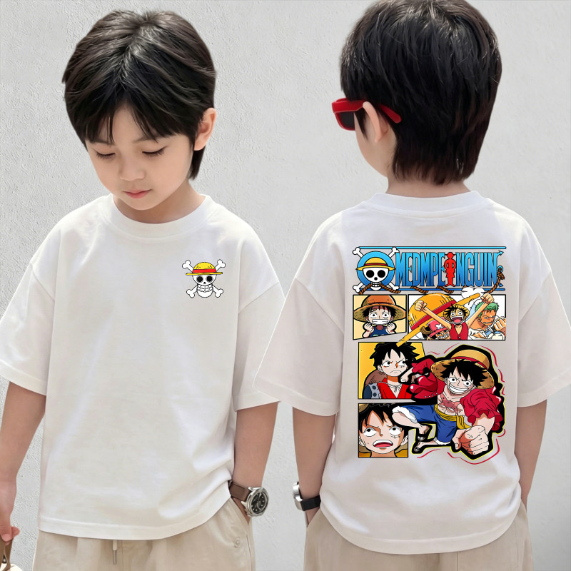 LUMI BABY เสื้อยืดเด็ก ผ้าฝ้าย 100% เสื้อเด็กผู้ชาย แฟชั่น One Piece's Luffy เสื้อยืดพิมพ์ลาย ไซส์ 90-150 นุ่ม ใส่สบาย
