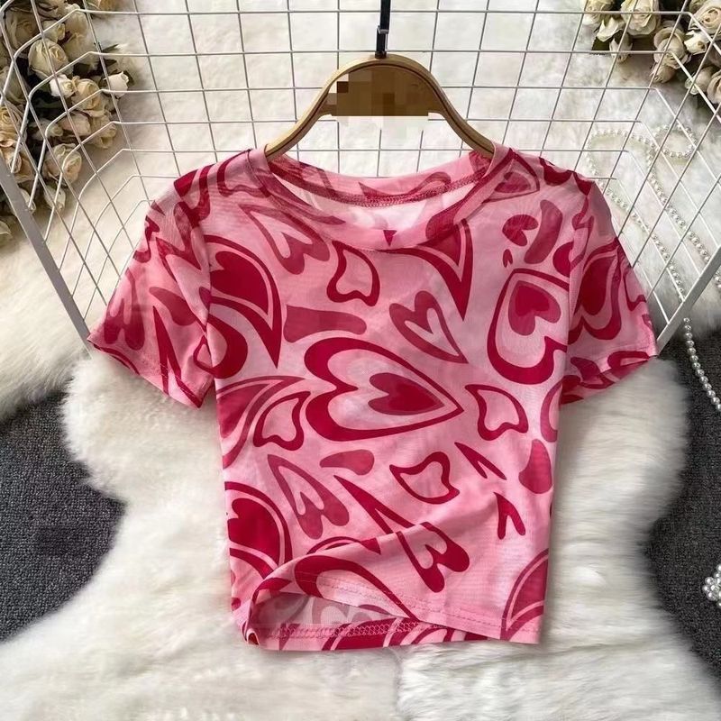แฟชั่นฤดูร้อนCamouflage Smudged GauzeรอบคอPullover Gauze Topผู้หญิงSlim-fit