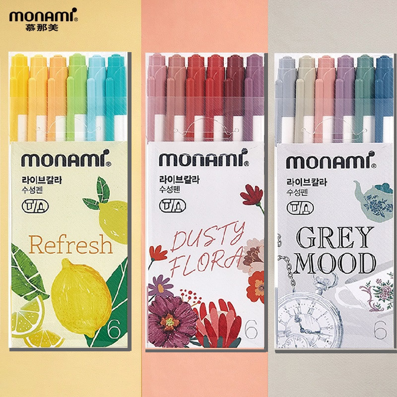 เกาหลี monami monami นําเข้าปากกาน้ําสองหัวสายเบ็ดปากกานักเรียนใช้ปากกาเน้นข้อความสีชุด 6 สี
